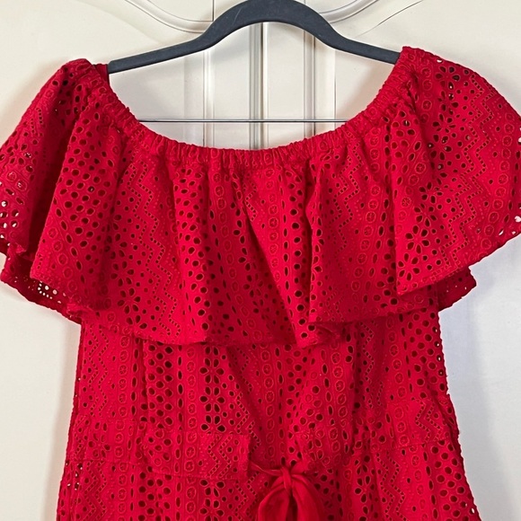 LIKELY Red Eyelet Dress Mini On Or Off Shoulder Cotton Woman’s Size 0 - Picture 5 of 8